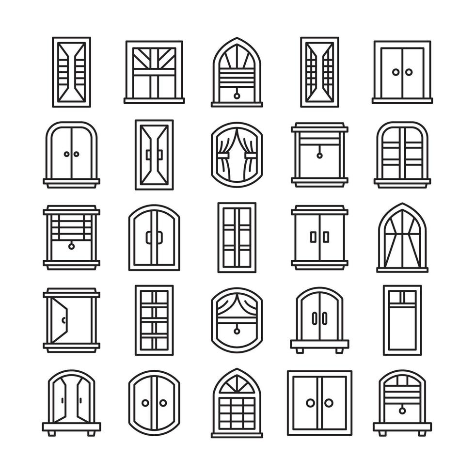 window frame and curtain line icons vector