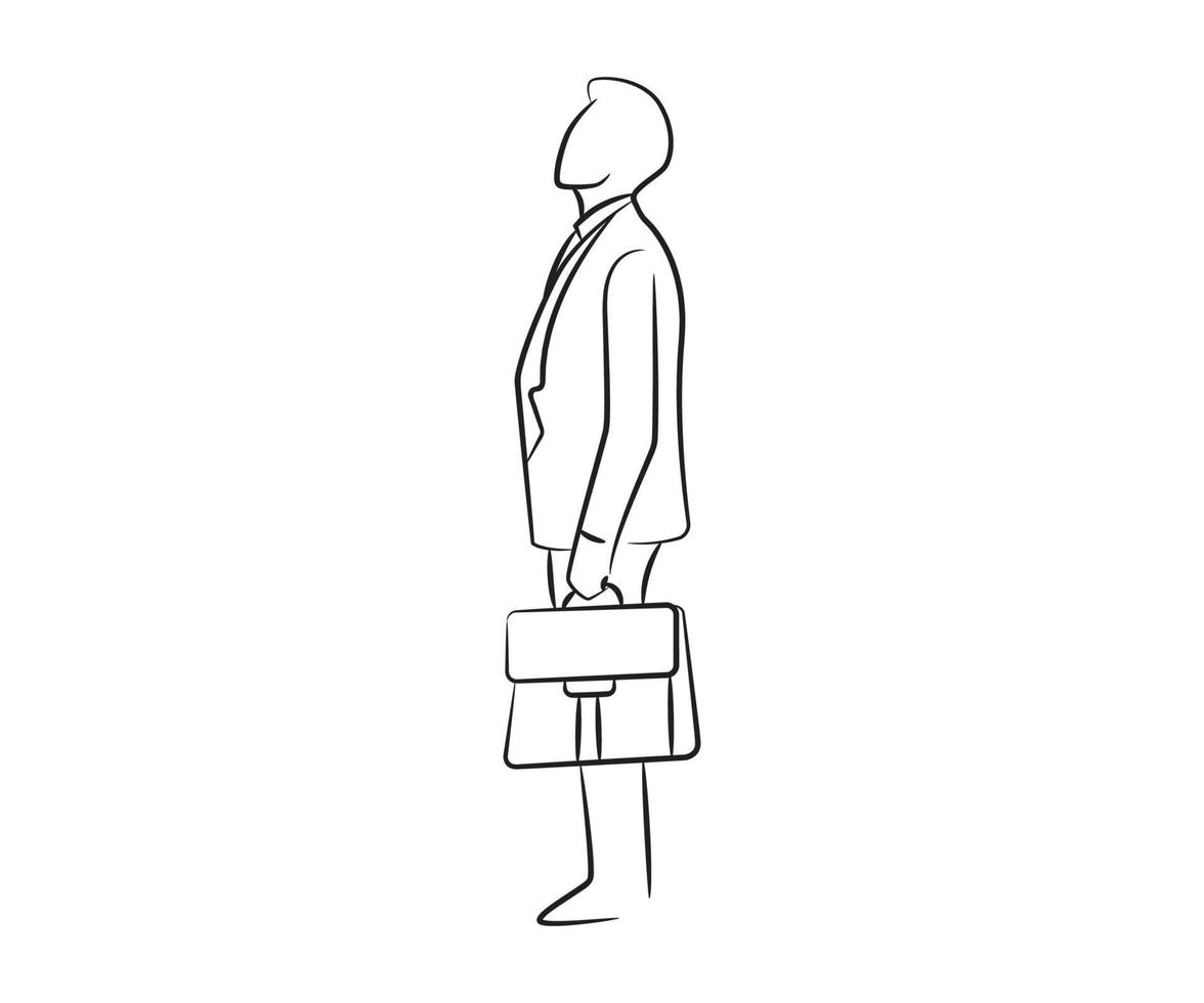 hand drawn businessman and briefcase line art vector