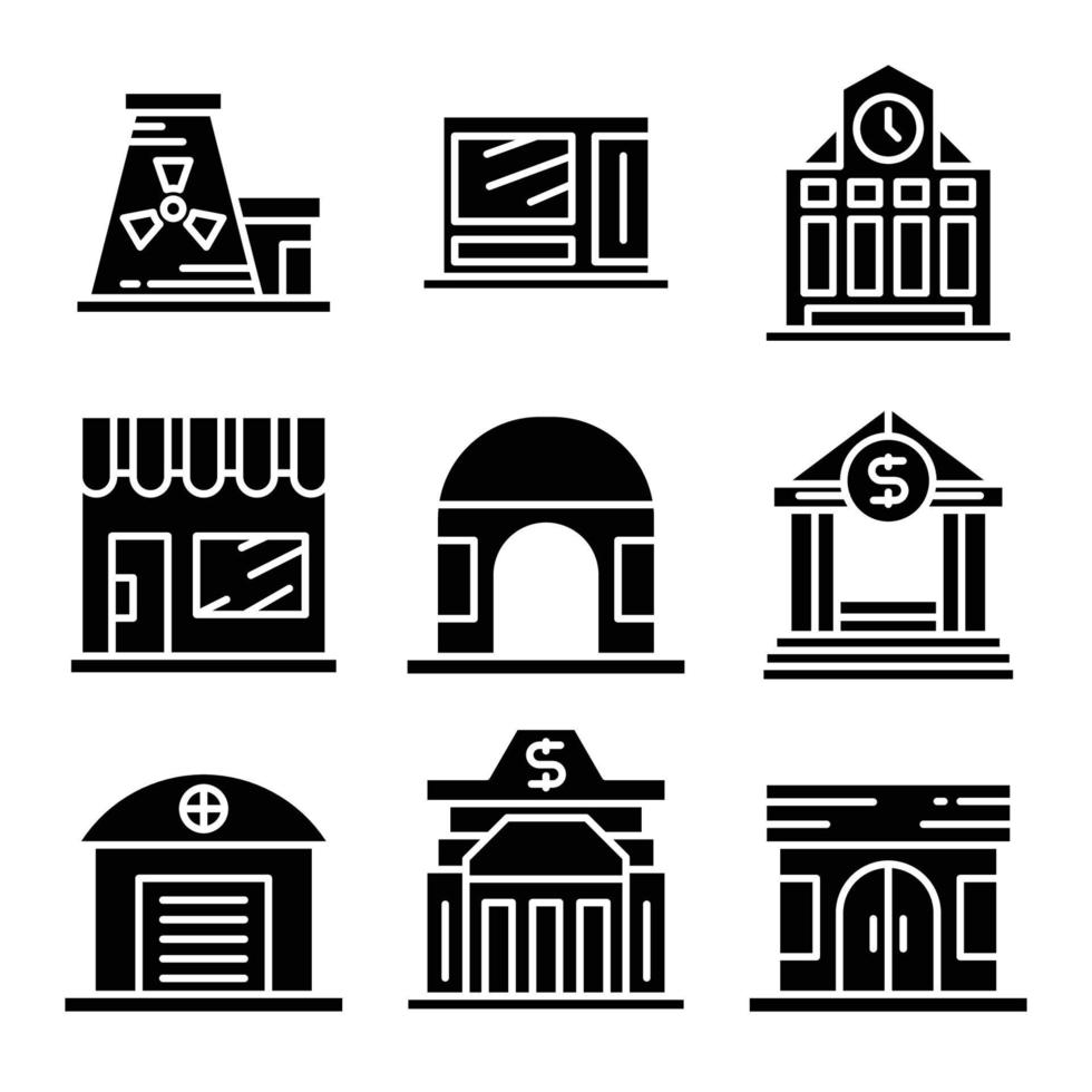 escuela, tienda, banco, conjunto de iconos de construcción vector