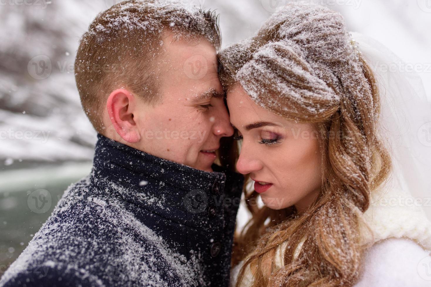 The groom leads his bride by the hand to a lonely old beech. Winter wedding. Place for a logo. photo