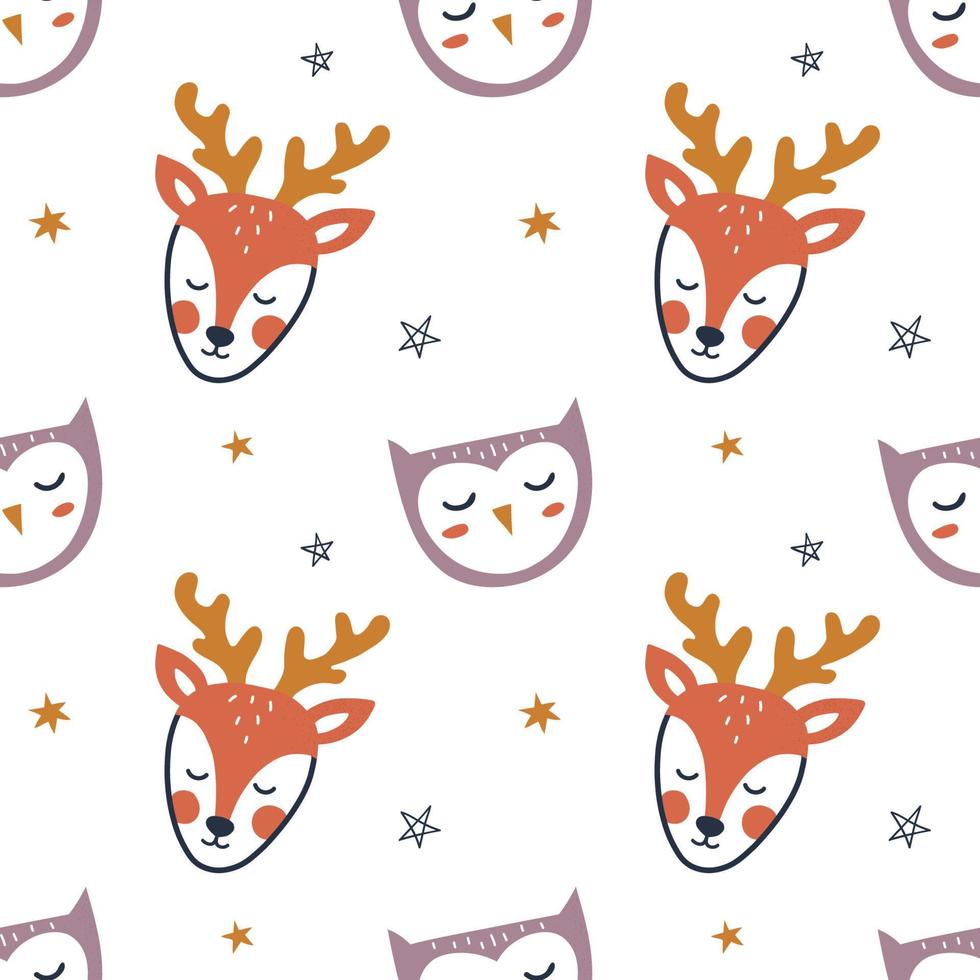 Seamless pattern with cute hand drawn deer, owl and star. Kids background for wrapping, fabric, wallpaper, apparel. Vector illustration.