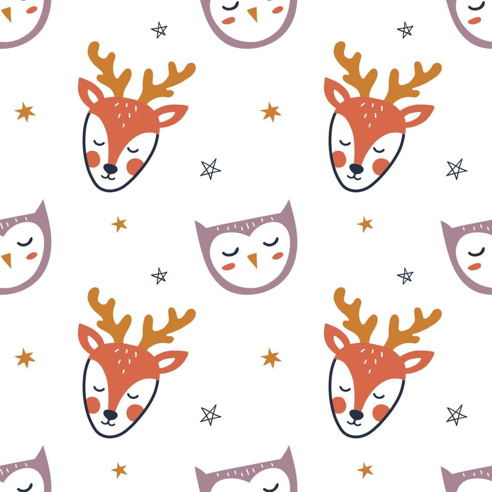 Seamless pattern with cute hand drawn deer, owl and star. Kids background for wrapping, fabric, wallpaper, apparel. Vector illustration.