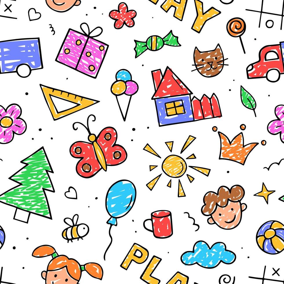 Seamless pattern Children drawings. Hand drawn cute kids doodles. Vector illustration. Design for childish textile.