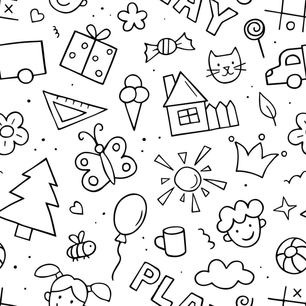 Seamless pattern in childish doodle style. Hand drawn cute sketching. Design for childish textile. Vector illustration on white background.