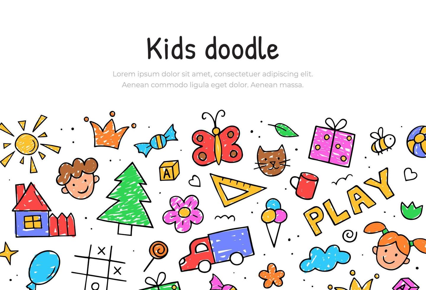 Website banner template childish drawings in color. Doodle sketch style. Vector composition design.