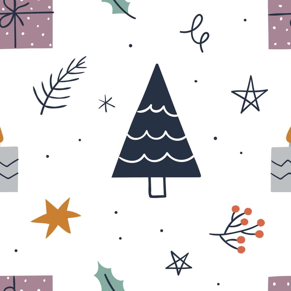 Christmas seamless pattern with tree, gifts, stars, candle. Background for wrapping paper, greeting cards, clothes. vector