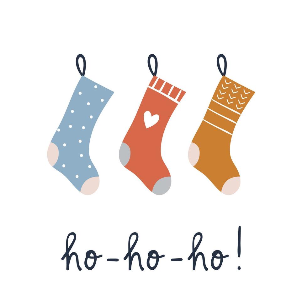 calcetines navideños dibujados a mano con letras ho-ho-ho. plantilla de tarjeta de felicitación navideña festiva. vector