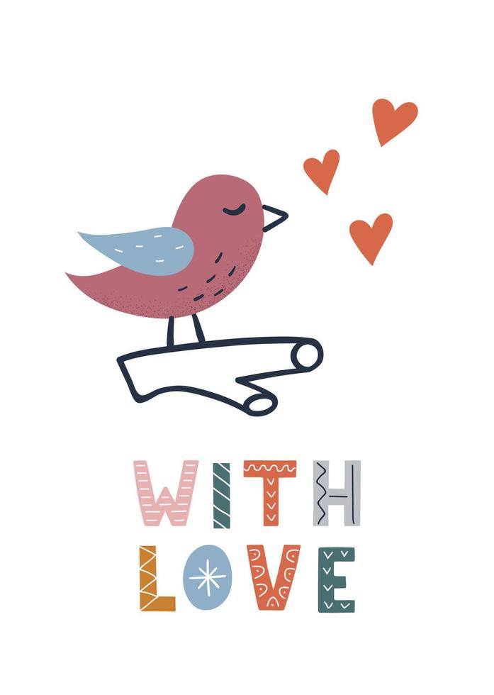 pájaro lindo dibujado a mano con corazones y letras con amor. ilustración vectorial para póster infantil, tarjeta de felicitación. vector