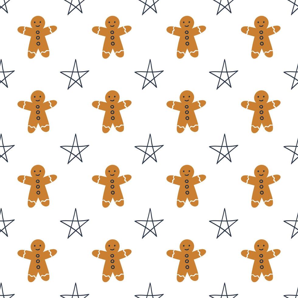 Seamless pattern with gingerbread man and stars  on a white background. Vector illustration.