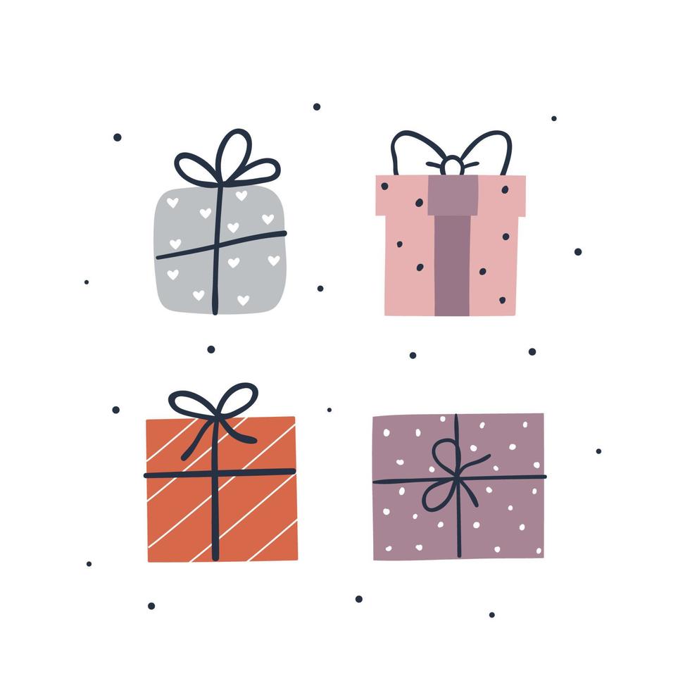 Hand drawn cute gift boxes set. Xmas greeting card template. Flat illustration. vector