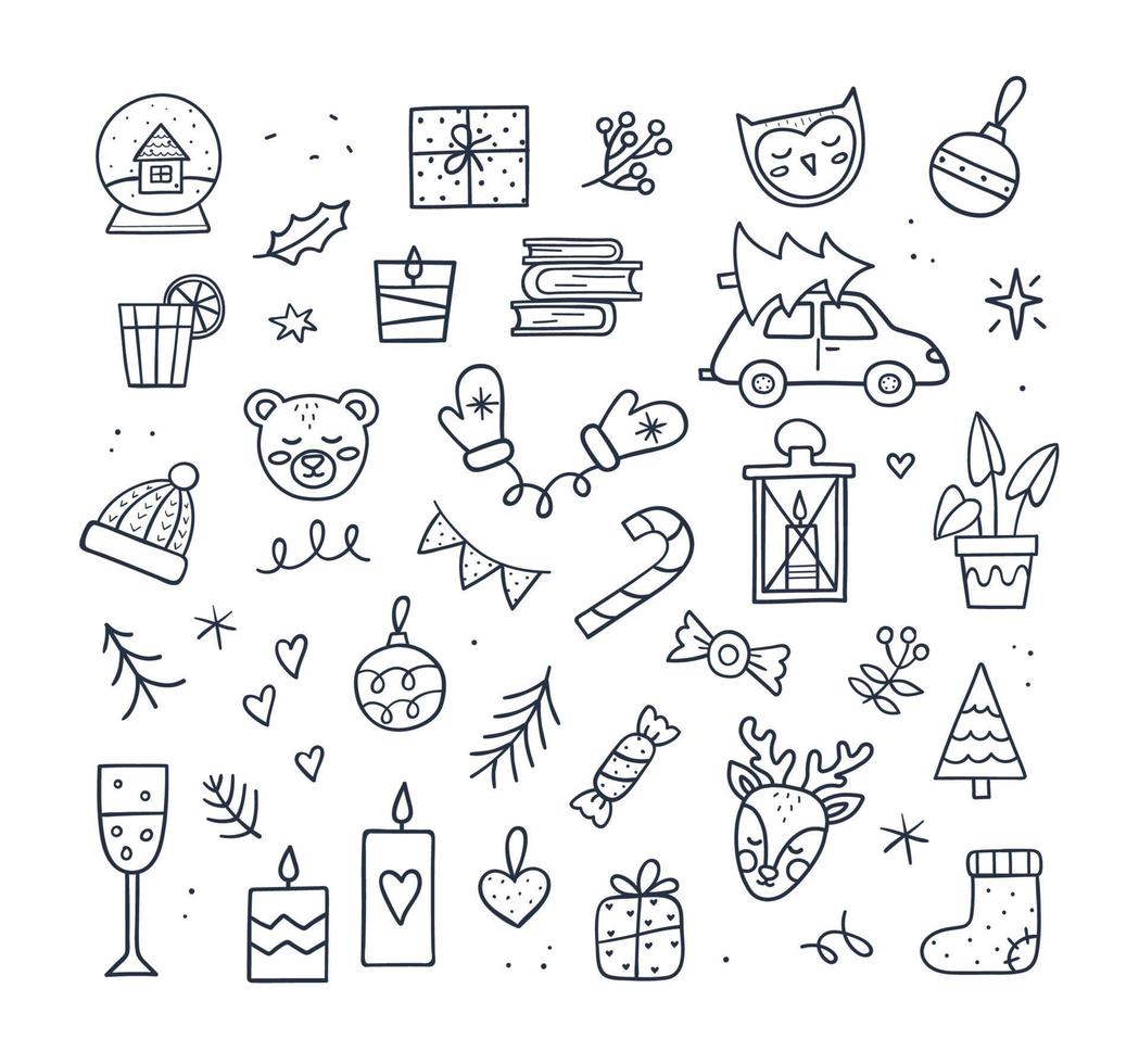 Cute Christmas set - cap, candles, tree, gift, mittens, deer and more. Doodle sketch style. Hand drawn linear vector illustration. Cozy winter elements collection.