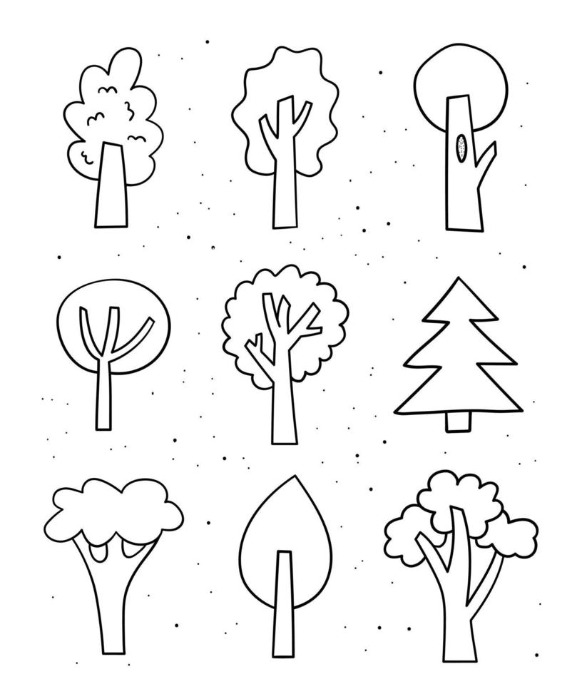 conjunto de árboles dibujados a mano. boceto de línea de fideos. ilustración vectorial vector