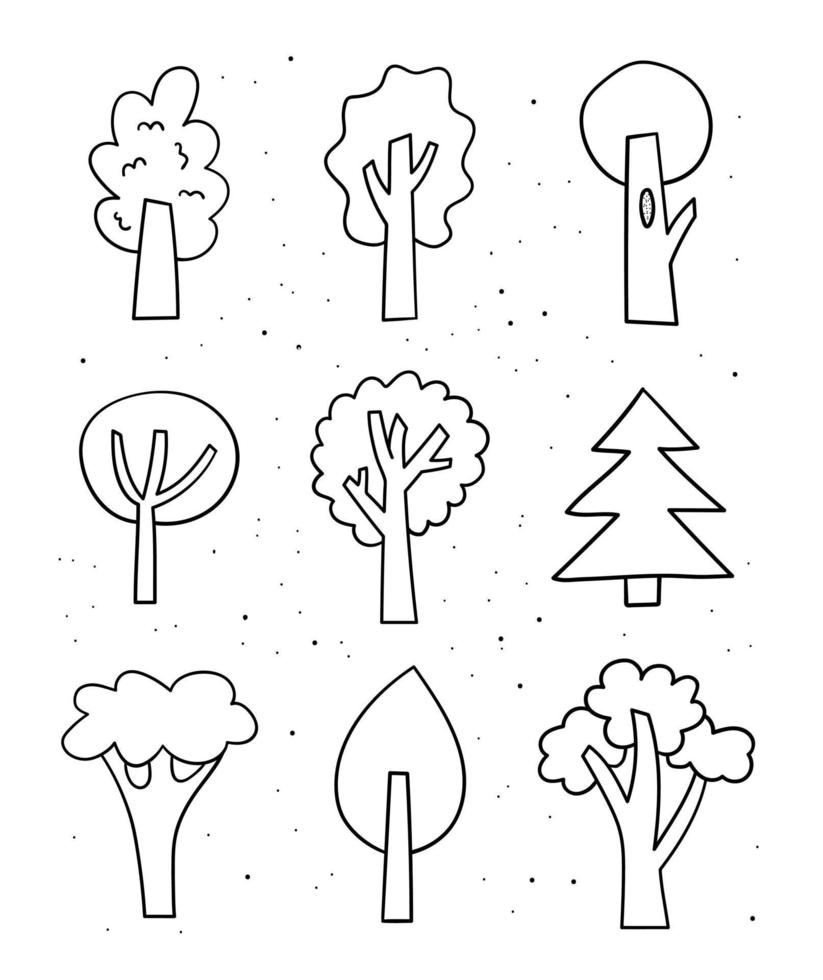 Hand drawn trees set. Doodle line sketch. Vector illustration.