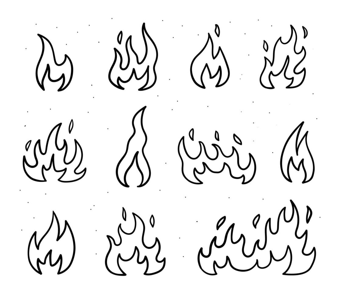 Fire icons in doodle style. Hand drawn flames. Vector linear illustration.