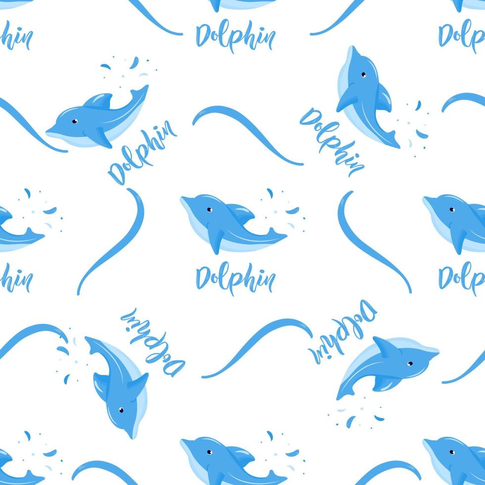 Seamless pattern with blue funny dolphin. With hand lettering. Vector background. Baby fabric textile. Summer backdrop. For wrapping, package product, t shirt clothes print. Animal digital paper