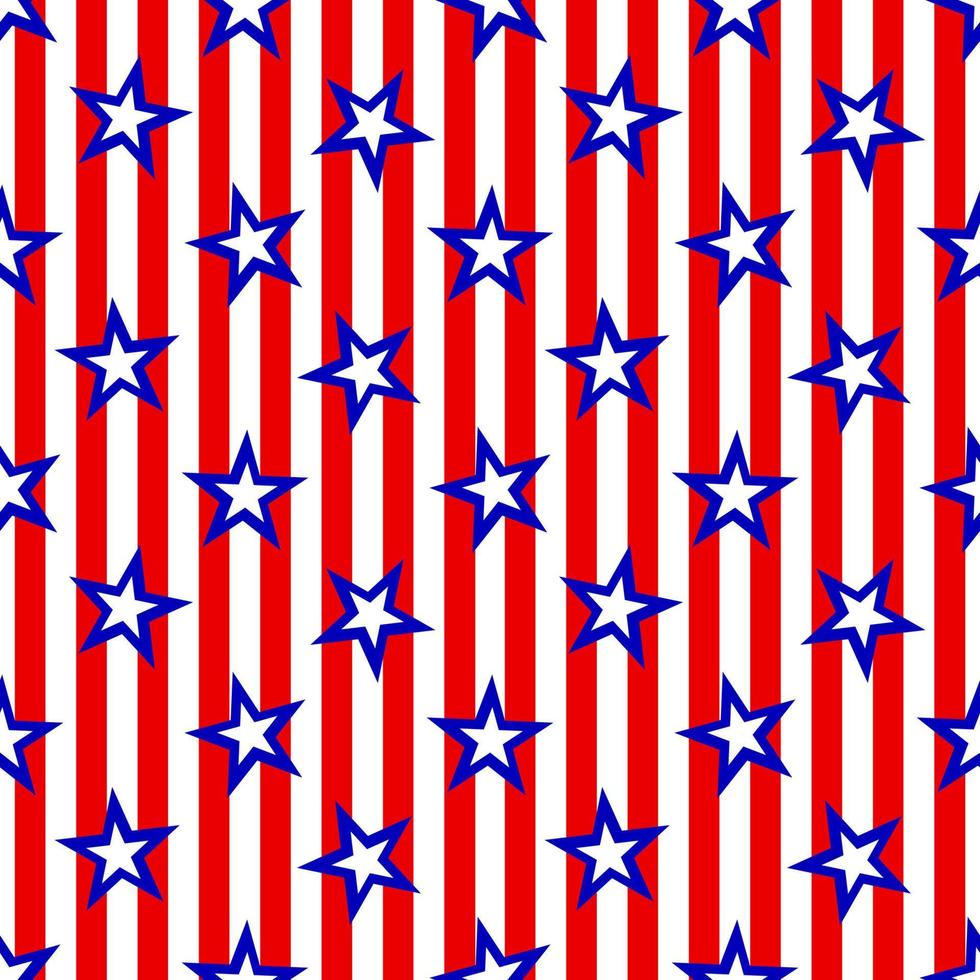 Seamless pattern with blue white stars on red striped background. Patriotic backdrop. Vector illustration. As template for wrapping paper, wallpaper, fabric clothes textile. 4th of july concept.