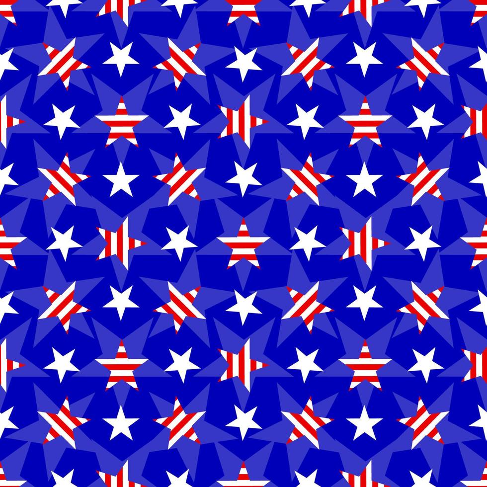 Seamless pattern with red white stripes stars on blue background. Patriotic backdrop. Vector illustration. Wrapping paper, wallpaper, fabric clothes textile. 4th of july concept.
