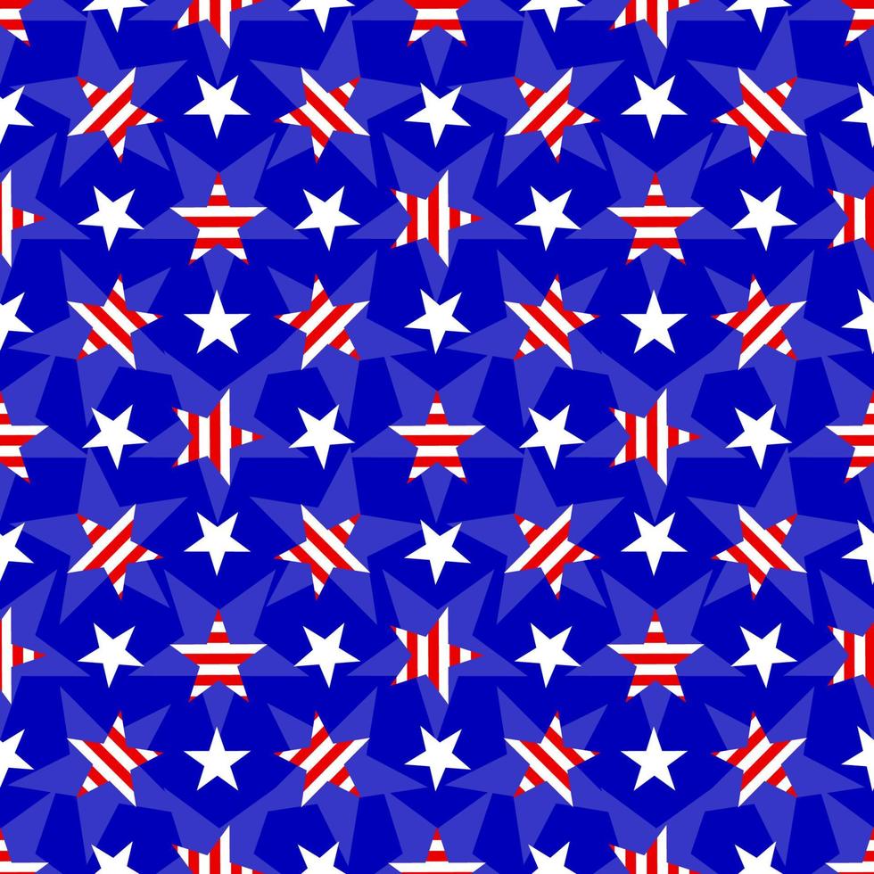 Seamless pattern with red white stripes stars on blue background. Patriotic backdrop. Vector illustration. Wrapping paper, wallpaper, fabric clothes textile. 4th of july concept.