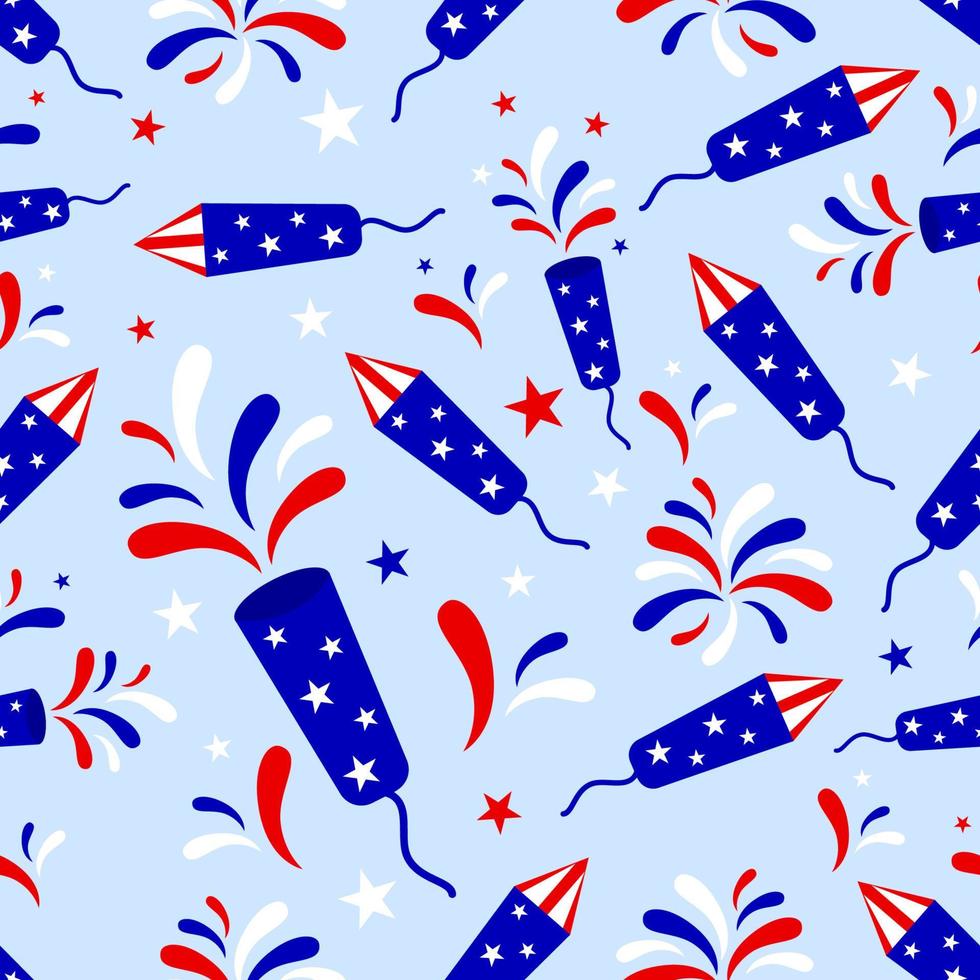 Seamless pattern with blue rockets and fireworks. Patriotic backdrop. Vector background. For wrapping paper, scrapbooking, wallpaper, fabric clothes textile. 4th of july concept.