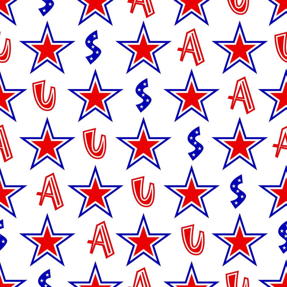 Patriotuc seamless pattern with stars red, blue, white colors of American flags and letters USA. 4th of july concept. Vector background. Wrapping paper, wallpaper, fabric textile, digital paper.