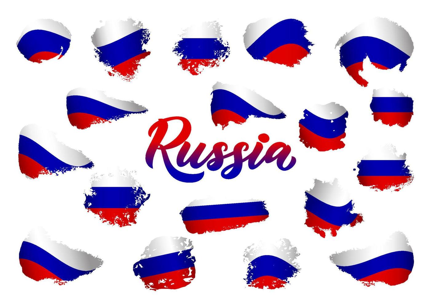 conjunto de banderas rusas con texto rusia. colores rojo azul blanco. manchas de textura aisladas. letras de caligrafía. elementos gráficos vectoriales para el diseño vector