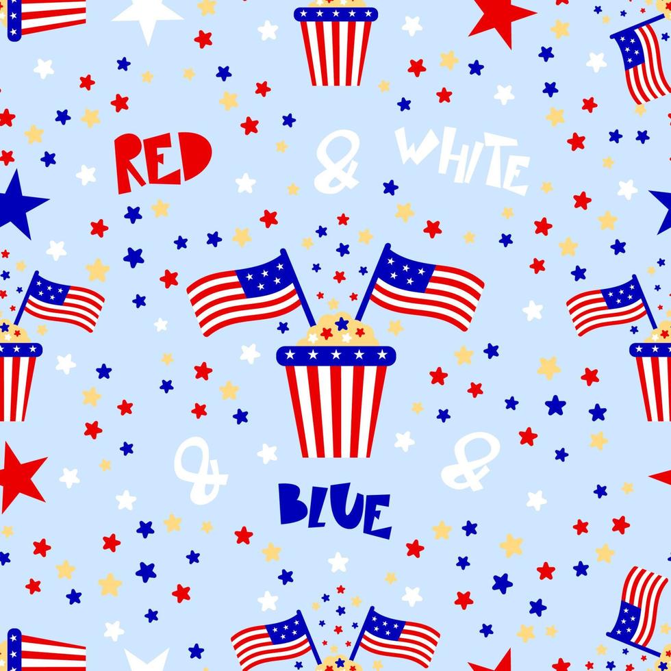Seamless pattern with box of popcorn with  American flag. Red blue white.  Patriotic backdrop. Vector background for wrapping paper, wallpaper, fabric clothes textile. Independence day concept.