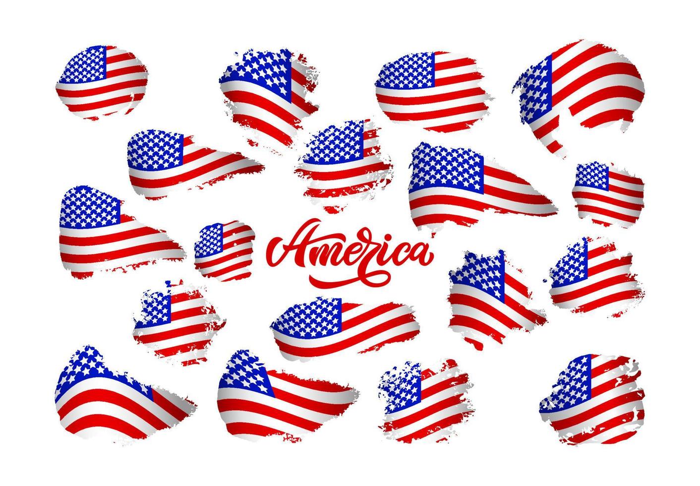 Set american flags with word America. Various forms. Grunge texture. Vector illustration. Template t shirt print, greeting card, graphic design of poster, banner of Independence day. Patriotic concept