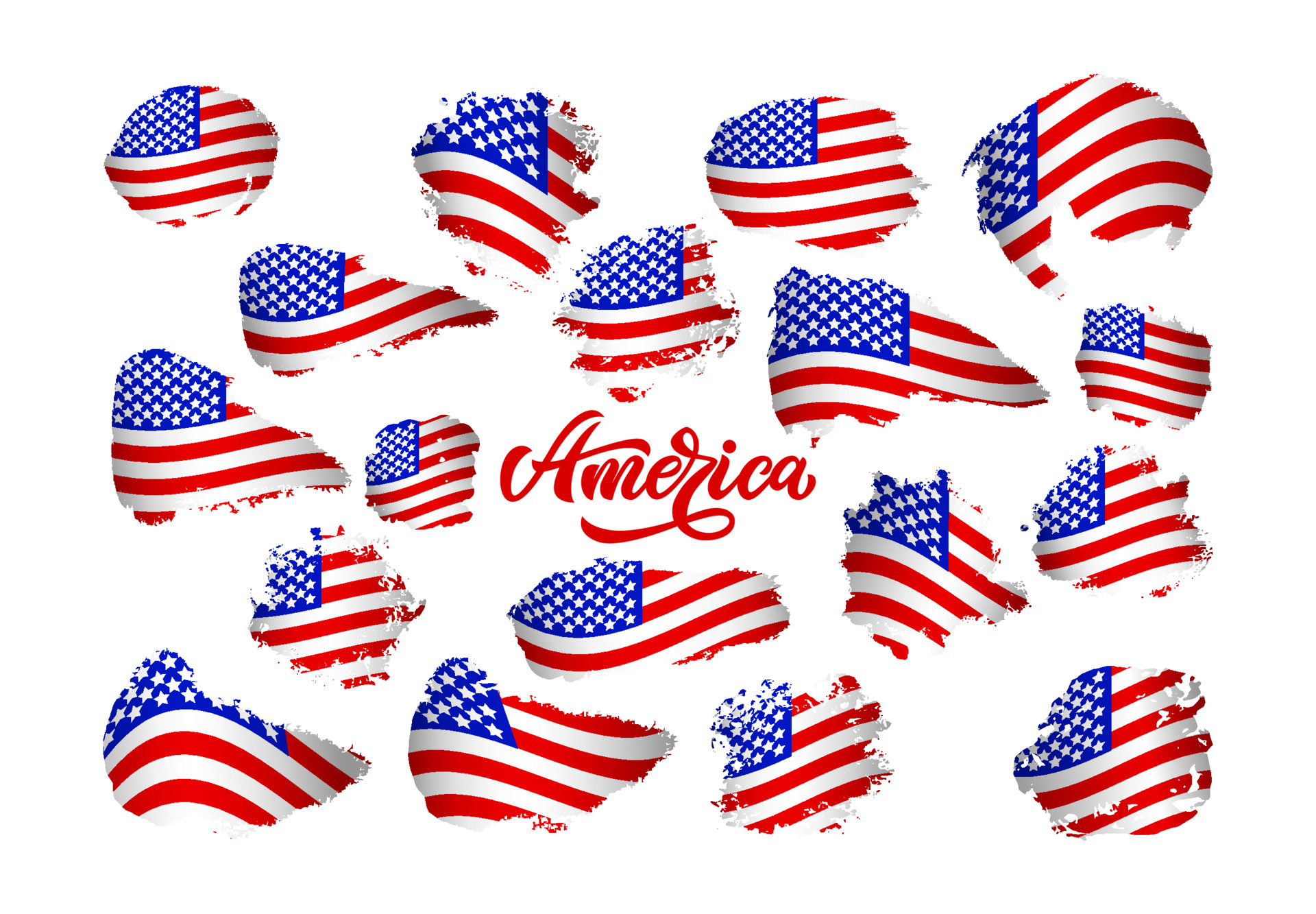 Set american flags with word America. Various forms. Grunge texture. Vector illustration