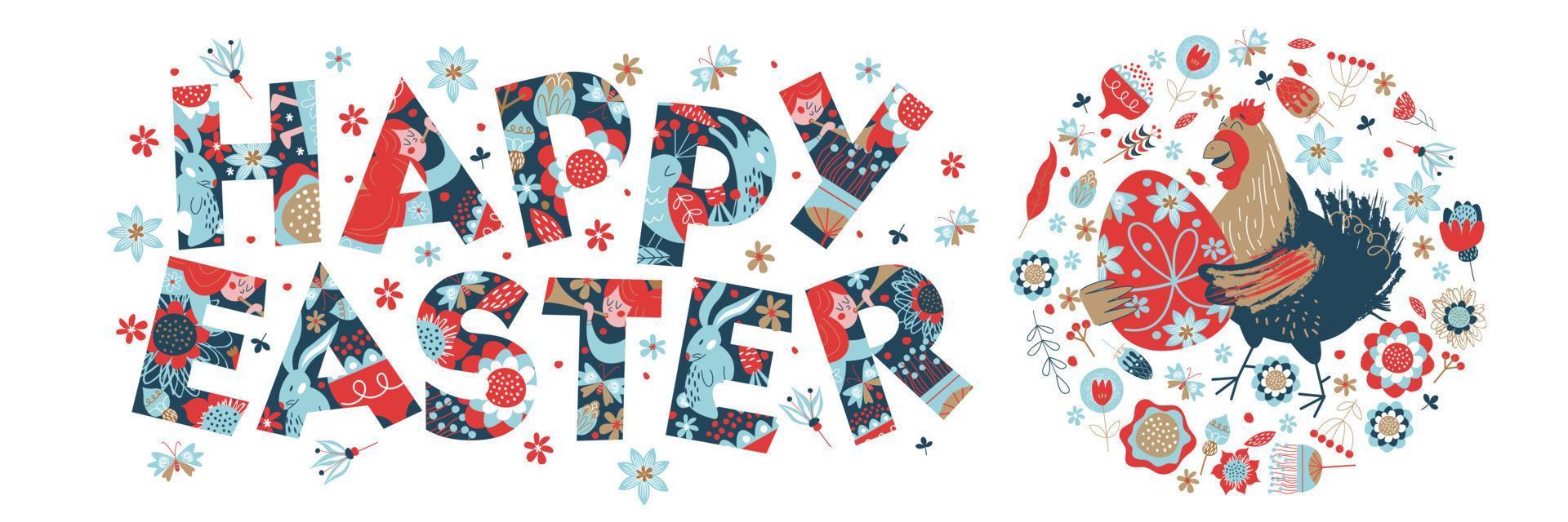 happy Easter. Colorful Easter banner with spring flowers and a cheerful chicken with an Easter egg. vector