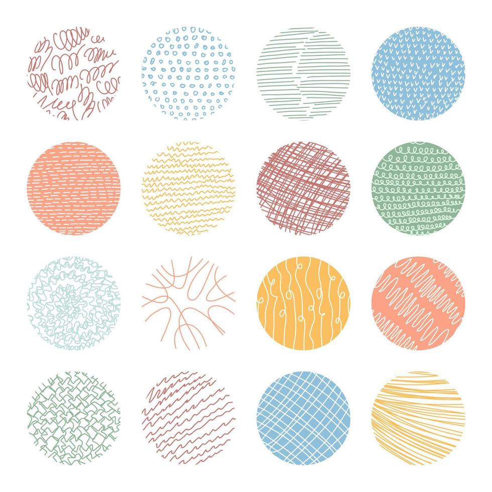 Vector set of round abstract backgrounds. Contemporary trend illustration. Patterns of hand drawn curves, lines, points, spots. Doodle icons set for social networks, posters, design templates