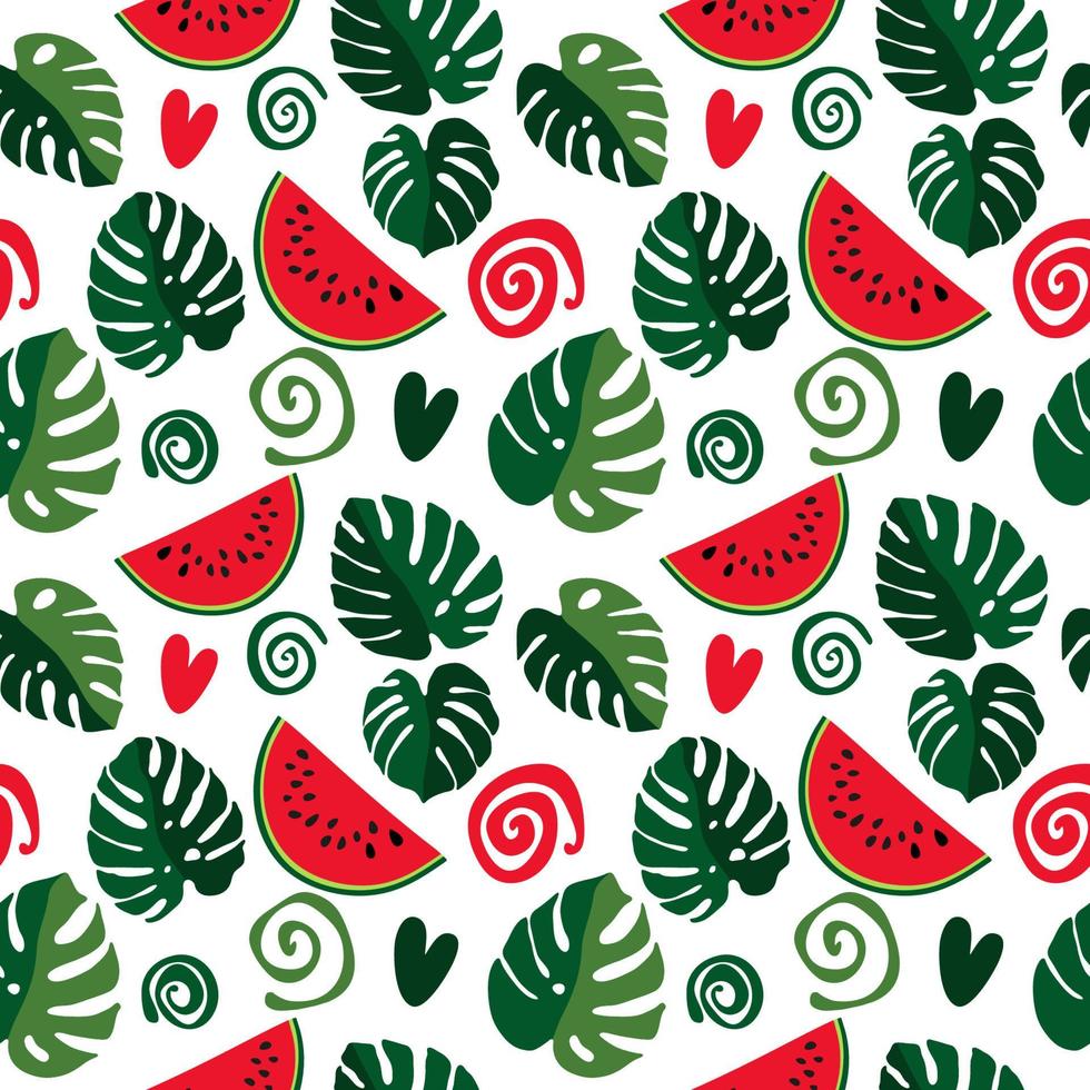 Seamless texture of green monstera leaves and watermelon slices, foliage pattern, natural abstract background vector