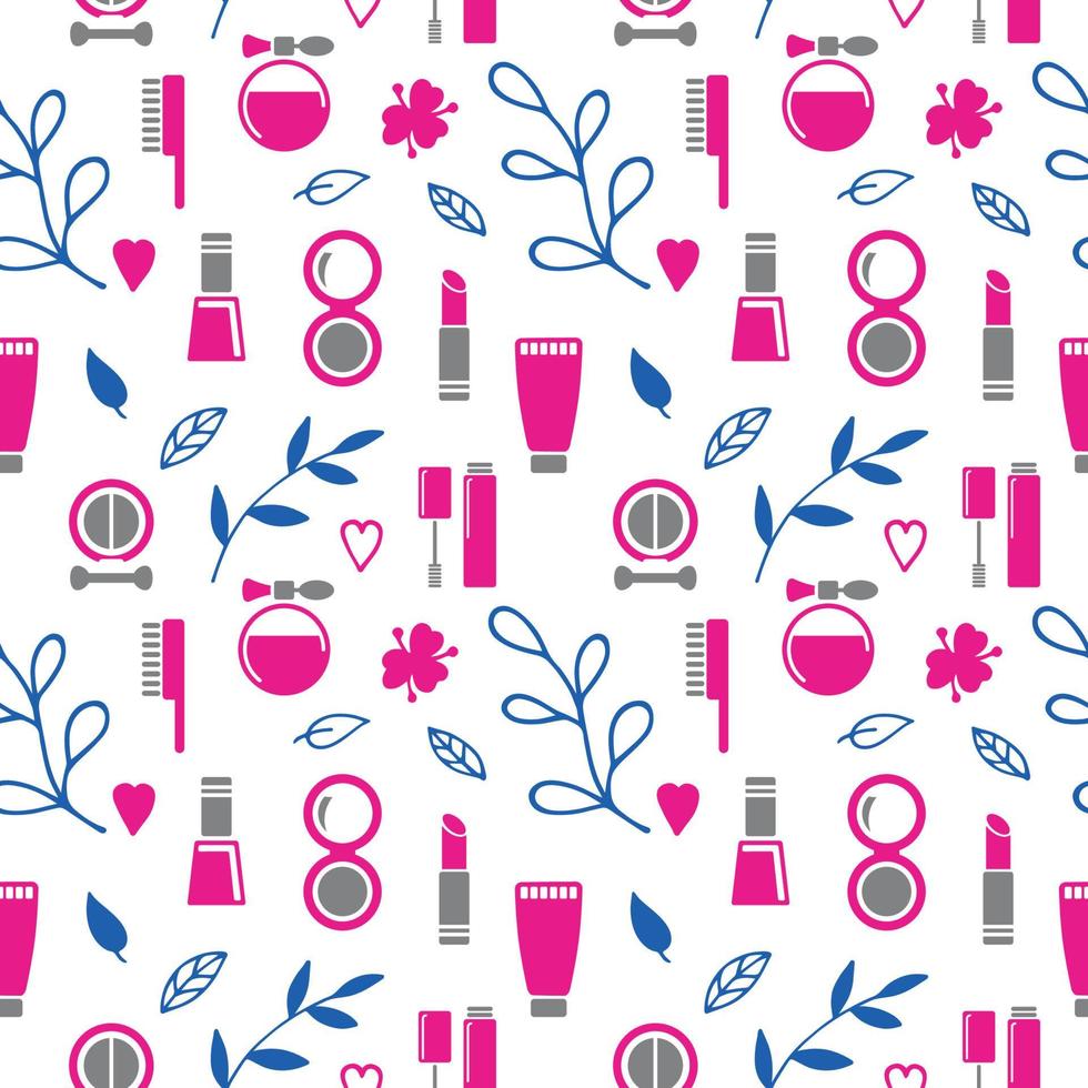 Seamless texture from cosmetics icons and floral elements, pattern, abstract background, wallpaper vector
