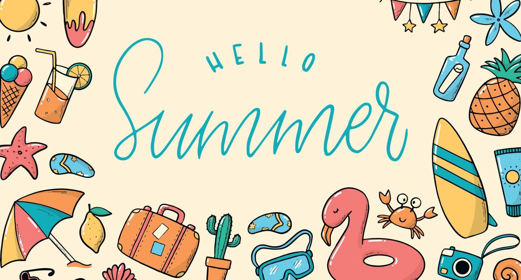 horizontal summer banner decorated with doodles and lettering quote. Good for posters, greeting cards, templates, invitations, labels, etc. EPS 10 vector