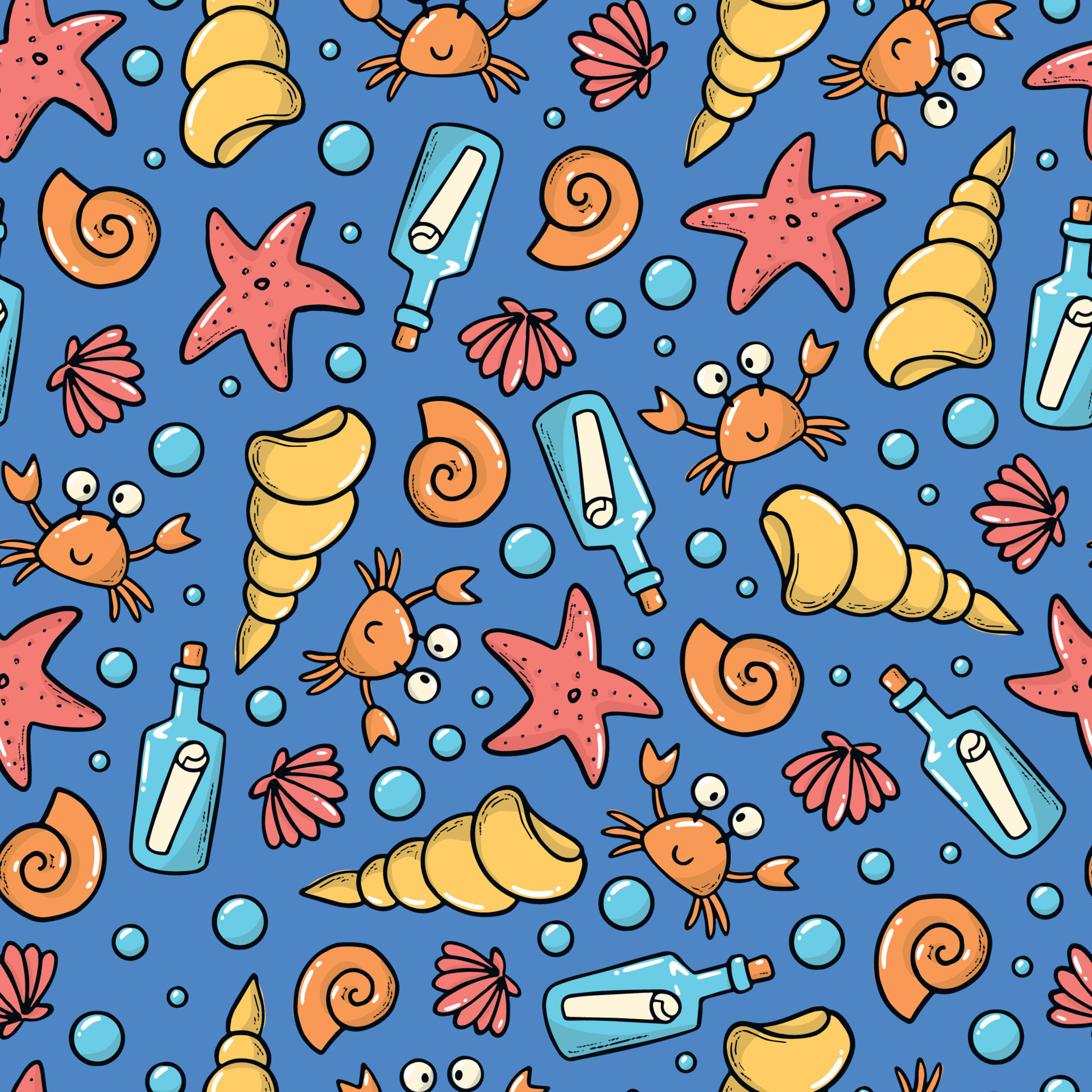 Summer seamless pattern with sea doodles shells, crabs, starfish, bubbles,  etc. Good for kids textile prints, wrapping paper, wallpaper, stationary,  scrapbooking, etc. EPS 10 6920291 Vector Art at Vecteezy