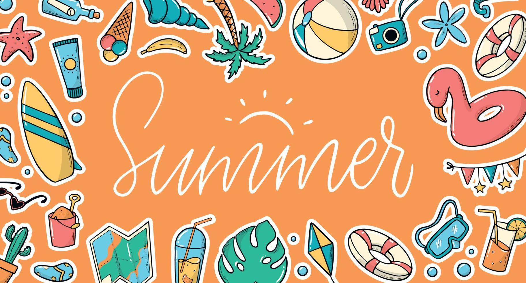 Summer banner decorated with doodles and lettering quotes. Good for posters, prints, labels, invitations, greeting cards, templates etc. EPS 10 vector