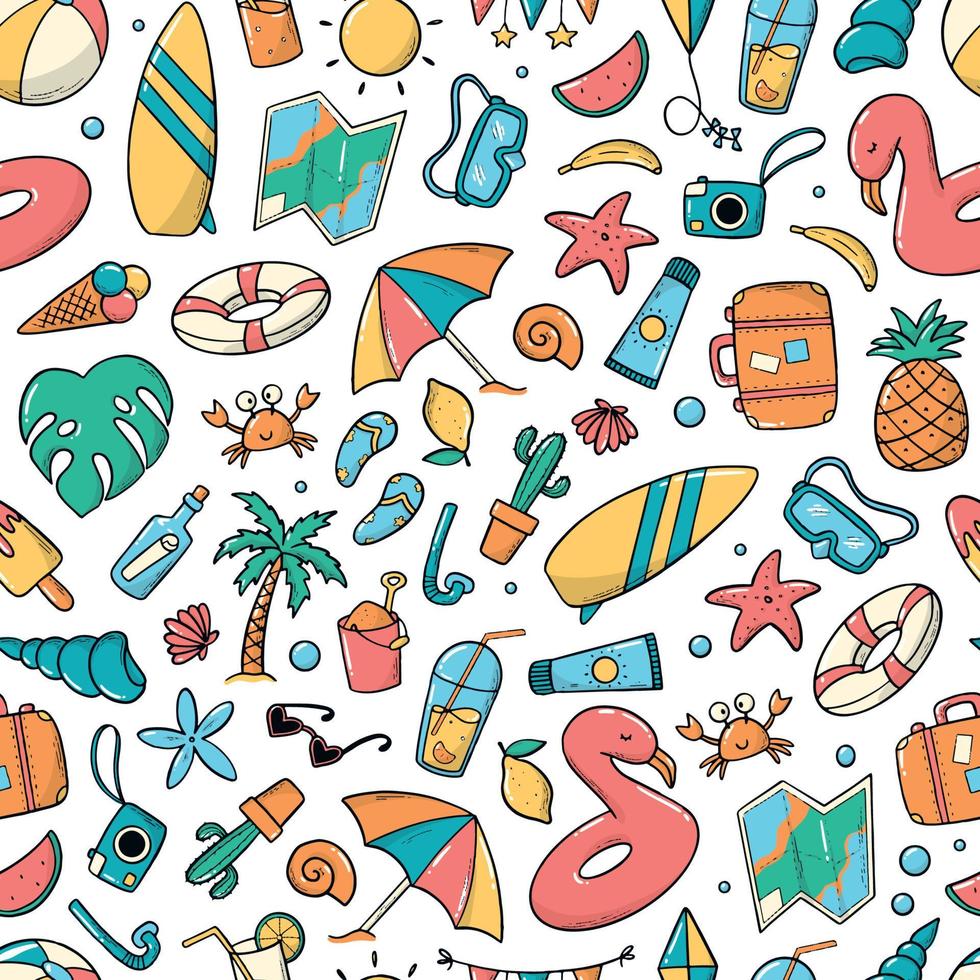 summer seamless pattern with doodles on white background. Good for kids apparel, textile prints, wallpaper, wrapping paper, scrapbooking, stationary, etc. EPS 10 vector