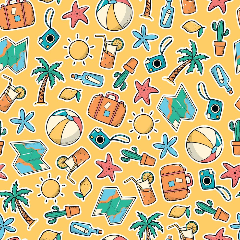 summer seamless pattern with hand drawn doodles on yellow background. Good for posters, wrapping paper, textile prints, kids apparel, scrapbooking, stationary, backgrounds, etc. EPS 10 vector
