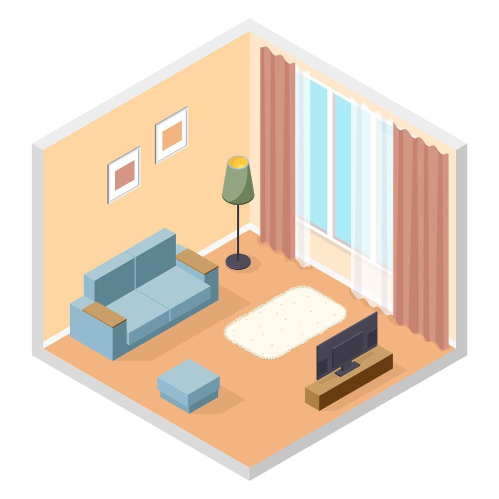 Vector isometric illustration, 3d interior, living room