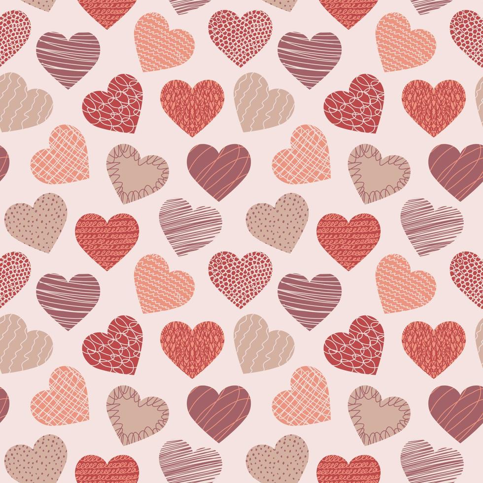 Vector geometric seamless pattern of hearts. Simple texture of hand drawn curves, lines, spirals. Contemporary trend illustration. Doodle abstract background, wallpaper. Original concept design