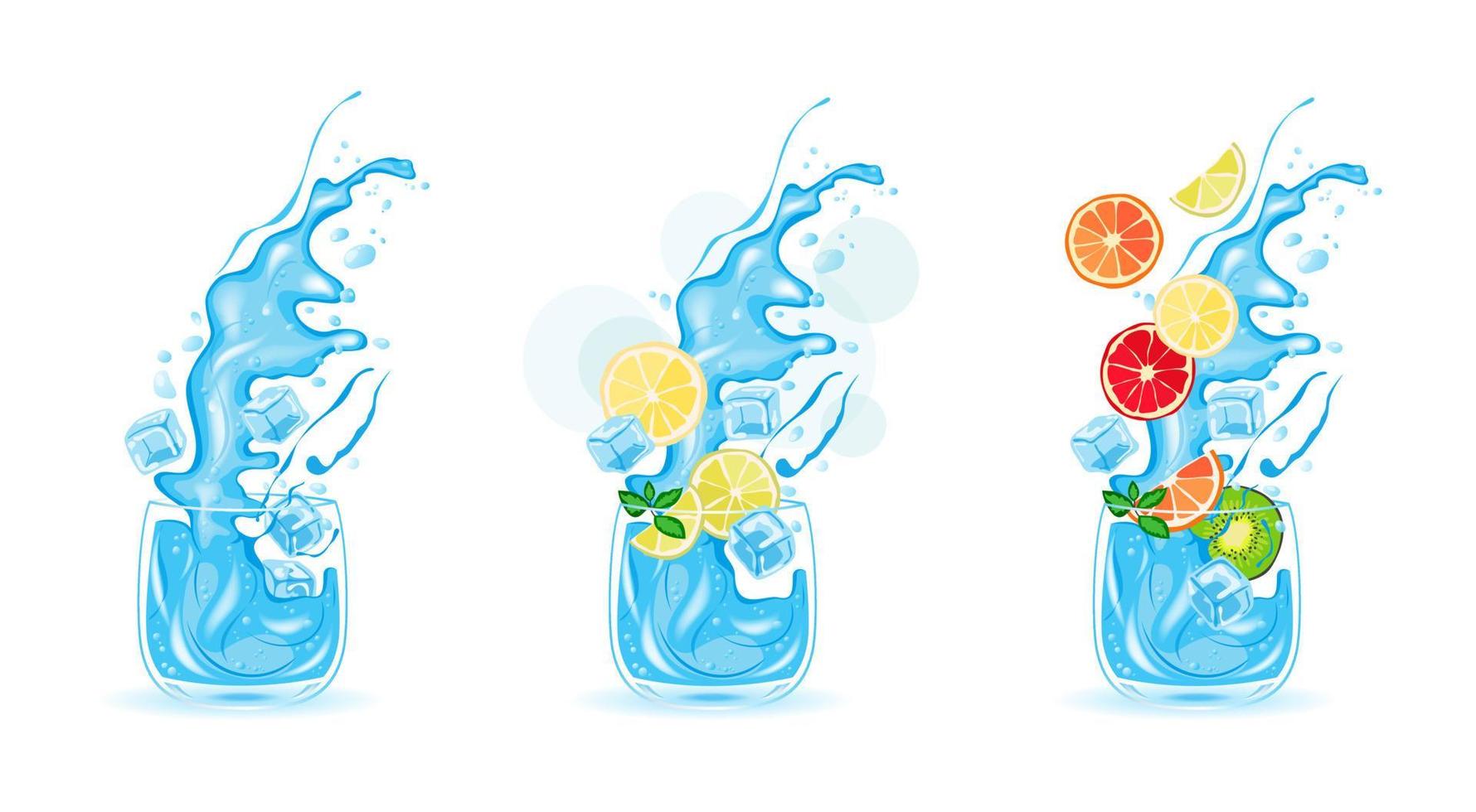 Glass of water, ice water, fruit cocktail, citrus. Vector illustration of drink, food