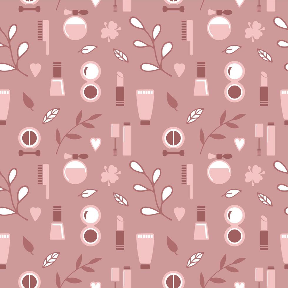 Seamless texture from cosmetics icons and floral elements, pattern, abstract background, wallpaper vector