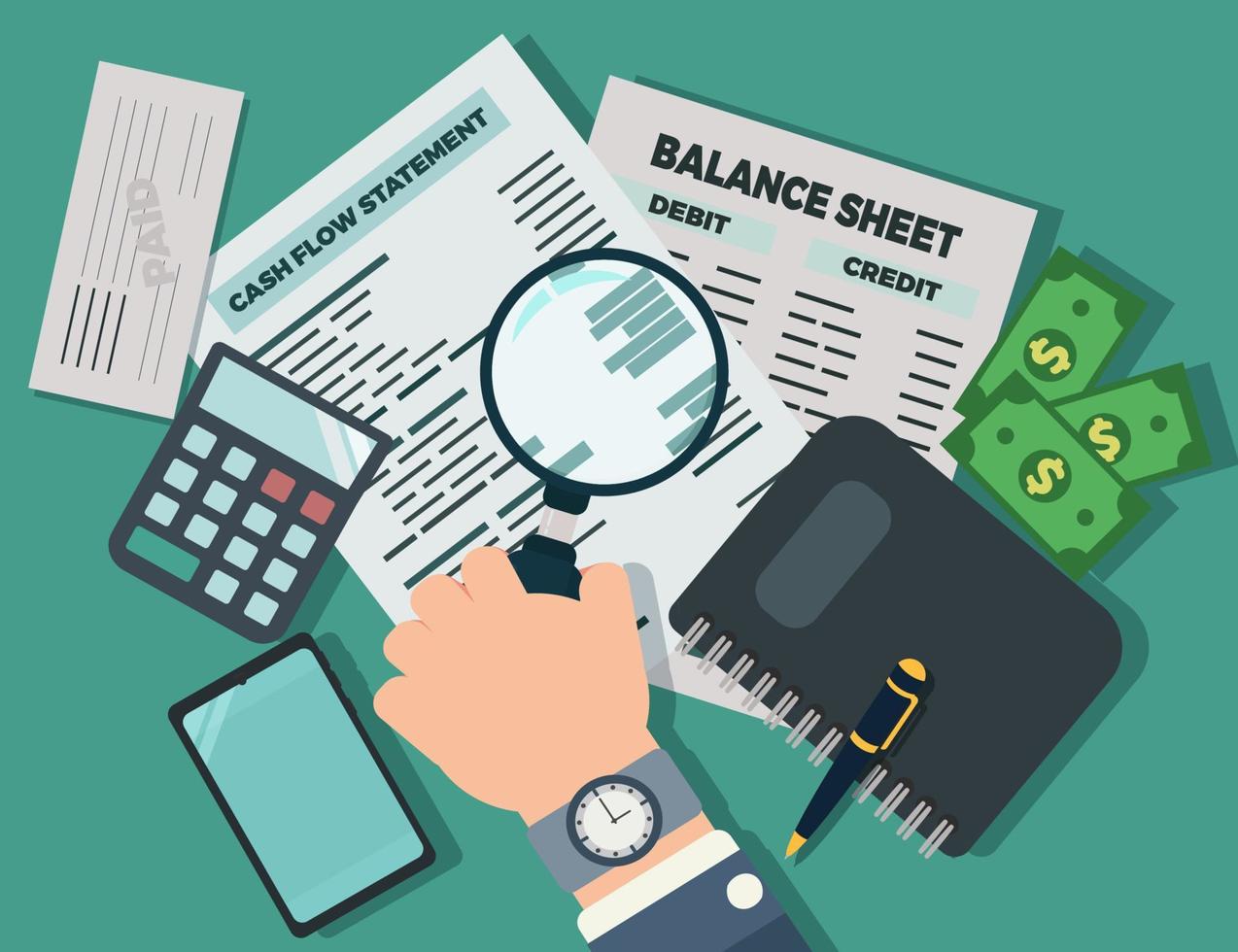 Hand hold magnifying glass with balance sheet, cash flow statement, money,calculator, smartphone and receipt vector illustration