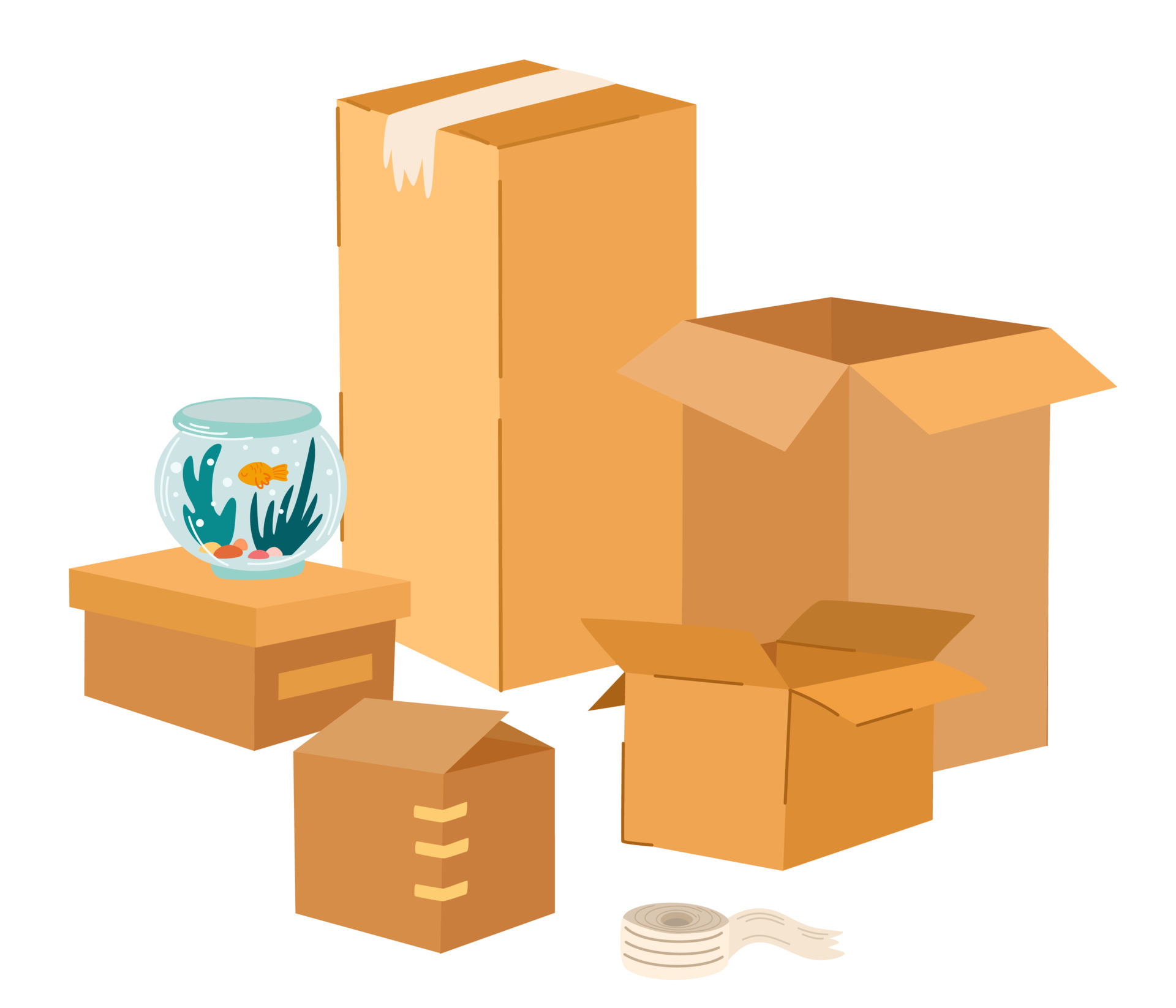 Boxes set. Cardboard boxes with various things and plant. Moving and  relocation concept. Hand-drawn color vector isolated illustrations. Cartoon  style, fashionable design 6920405 Vector Art at Vecteezy