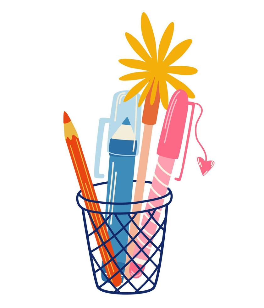 Glass with pens and pencils. Back to school. Desktop organizer for student or office worker. Stationery for writing, study and work. Colorful vector illustration in a flat style.