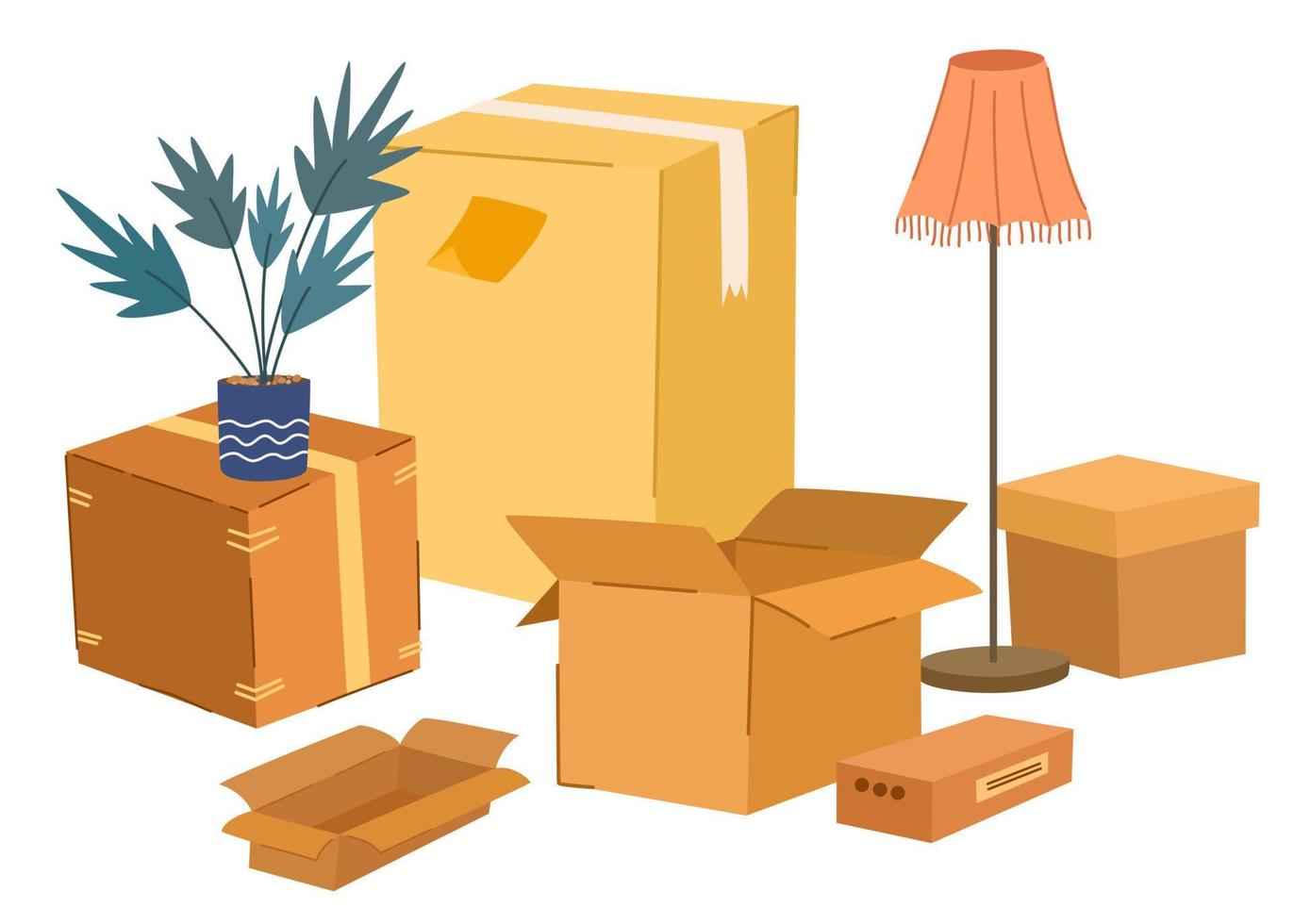 Boxes set. Cardboard boxes with various things and plant. Moving and relocation concept. Hand-drawn color vector isolated illustrations. Cartoon style, fashionable design