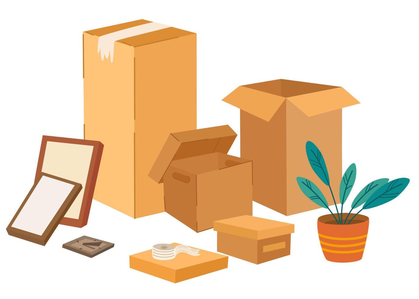 Boxes set. Cardboard boxes with various things and plant. Moving and relocation concept. Hand-drawn color vector isolated illustrations. Cartoon style, fashionable design
