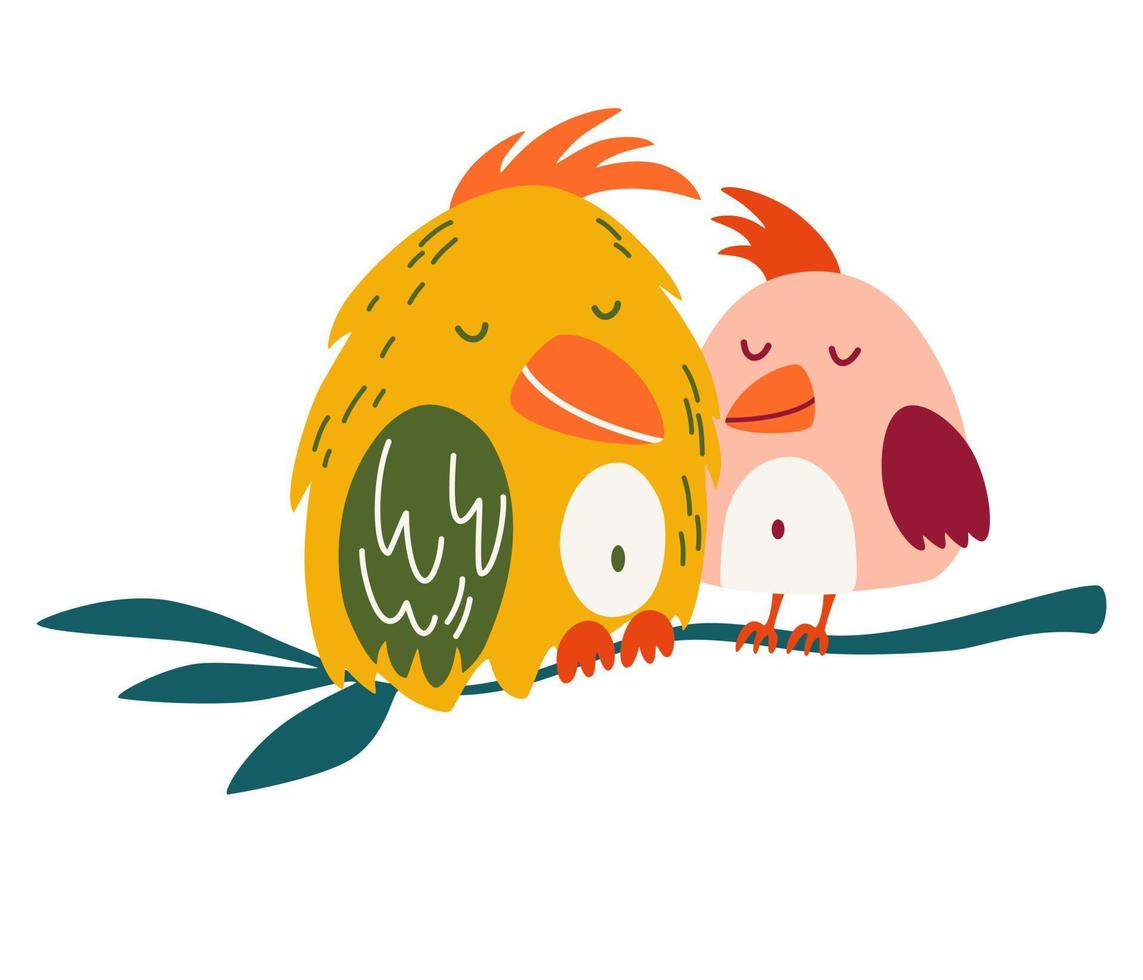 Parrots are a couple in love. Cute cartoon lovebird. Exotic birds. Great for children cards, prints and greeting card. Isolated vector clip art illustration.