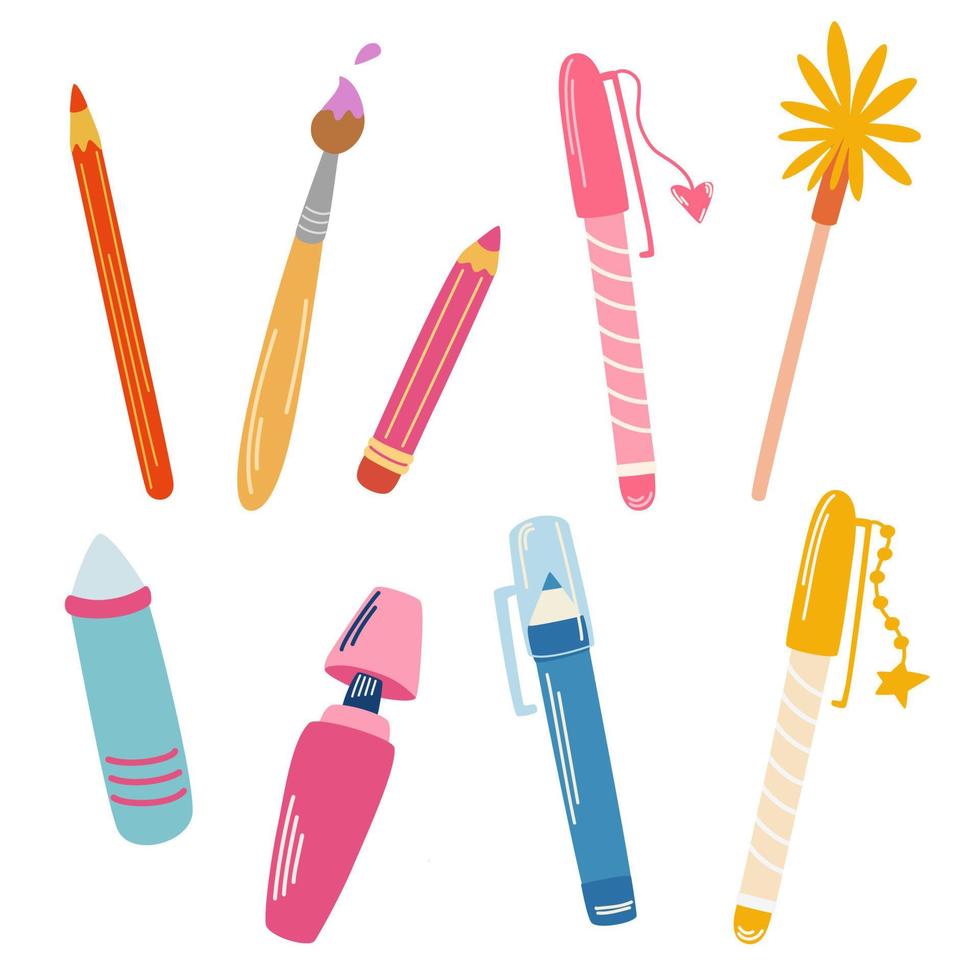 Pens and pencils set. Office supplies, pens, pencils, markers, brush. Back to school. Subjects for writing, study, office and drawing. Isolated vector clip art illustration.