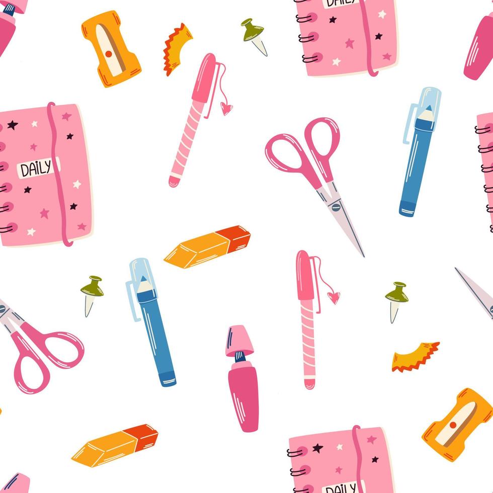 Stationery seamless pattern. Back to school. Notepad, Pen, Eraser, Marker, Sharpener and Scissors. Endless background in childish style for fabric, textile, kids and wallpaper. Vector illustration