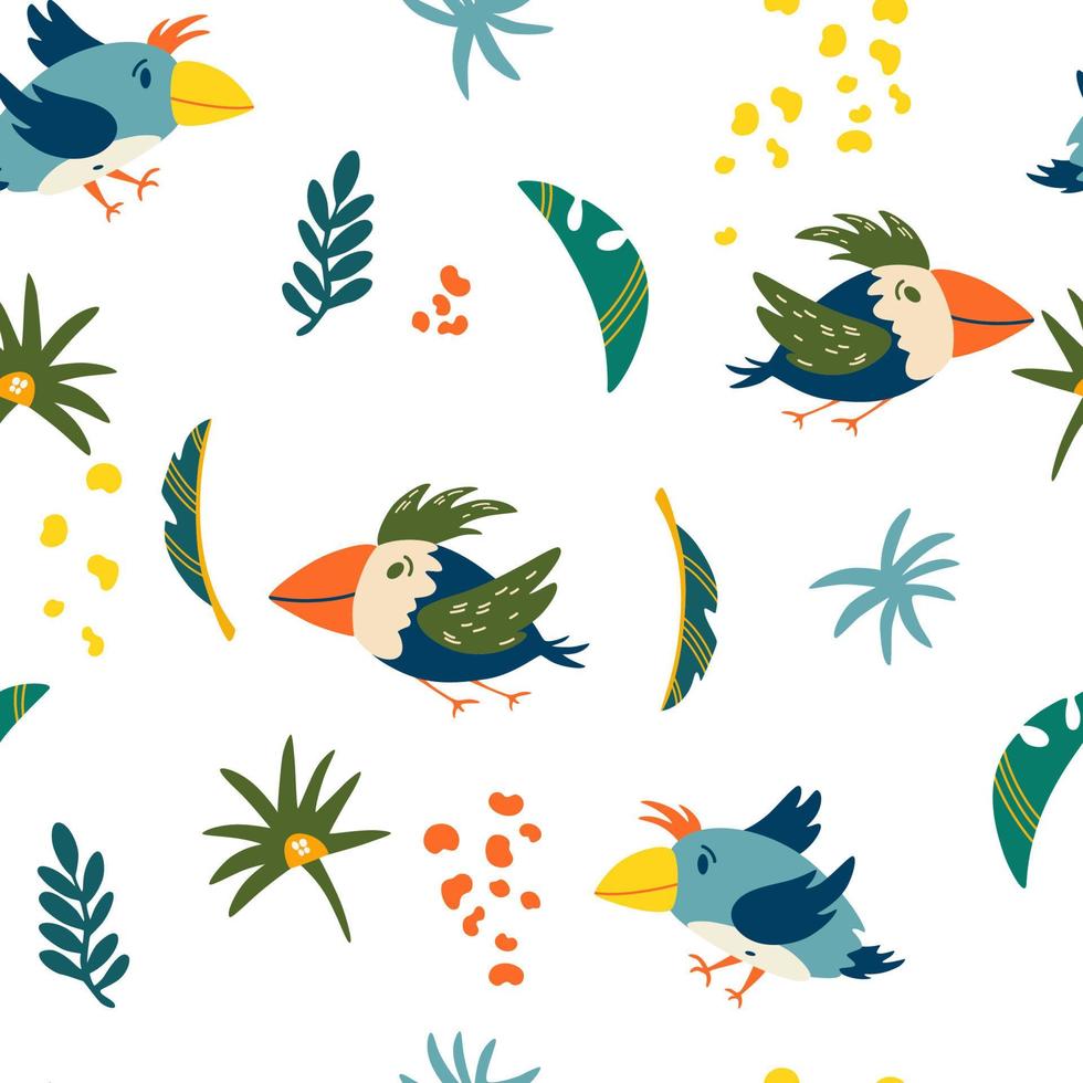 Parrots and tropical leaves seamless pattern. Jungles background. Endless background in childish style for fabric, textile, kids and wallpaper. Vector cartoon illustration